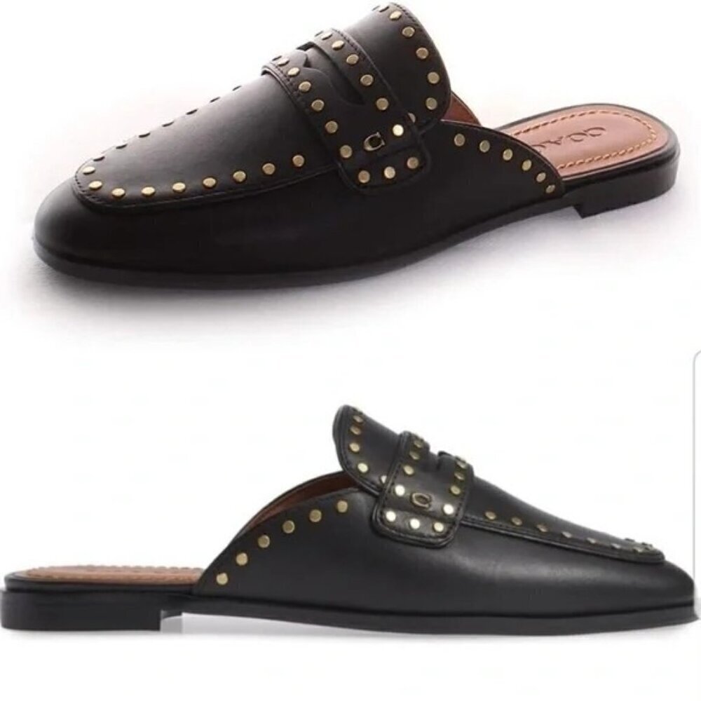 Coach Black Leather Gold Stud Mule (G2667) Women's Size 5.5 B NWOB